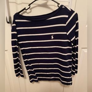 Never worn navy blue and white striped quarter sleeve Polo Ralph Lauren top XS